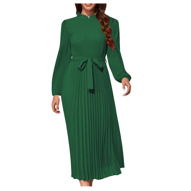 Yuyuzo Women Boho Dresses Long Sleeve Ruched Ruffle Flowy Hem Midi Dress Solid Color High Neck Belted Waist