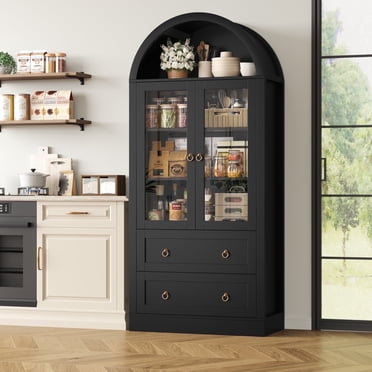 Hiphuta 70" Tall Arched Kitchen Pantry Storage Cabinet with Glass Doors, Freestanding Modern Farmhouse Hutch Cupboard with 2 Large Drawers, for Kitchen Dining Room, Black