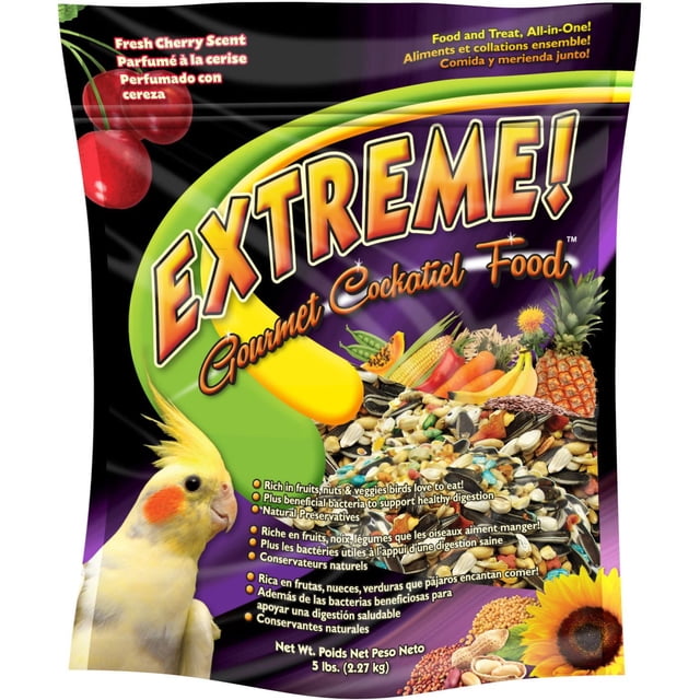 Extreme! Gourmet Cockatiel Food, Fresh Cherry Scent, 5 lbs (2.27 kg) bag showing a colorful blend of seeds, nuts, fruits, and vegetables with natural preservatives and beneficial bacteria to support healthy digestion and reduce cage boredom for indoor birds.