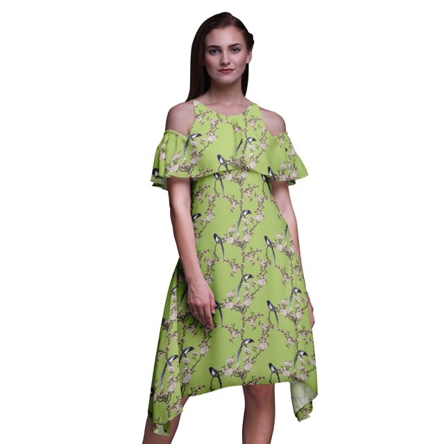 Bimba Robe Droite Évasée à Épaules Dénudées pour Femmes à Volants devant Imprimée Oiseau Vert - XXX-Large