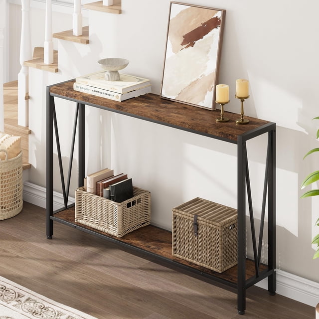 Kojooin Table d'Appoint Table d'Entrée Console à 2 Niveaux avec Rangement Table Étroite pour Sofa avec Design en V Console Industrielle de 43 Pouces pour Couloir Entrée Salon Vestibule Corridor Bureau