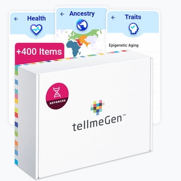 tellmeGen Test d'ADN Avancé / 400 Rapports sur la Santé, les Traits, le Bien-être et l'Ascendance / Tous les Frais Inclus
