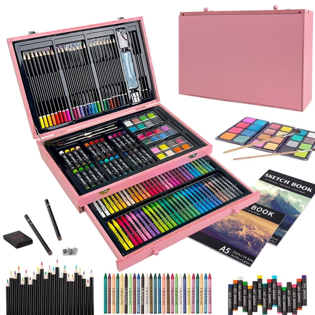 KINSPORY 148 Pack Deluxe Art Supplies, Deluxe Wooden Art Set Crafts Drawing Painting Coloring Kit, Coloring Book, Sketch Pad, Gift for Artist Beginners Kids Girls Boys(pink)