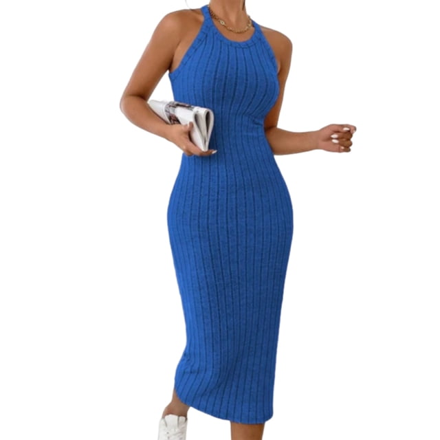 Oksale Robes Moulantes pour Femmes Sans Manches Côtelées Robe Maxi Ajustée Douce Extensible Confortable Col Ras du Cou Dos Nu Robes d'Été pour Fête de Vacances Bleu P