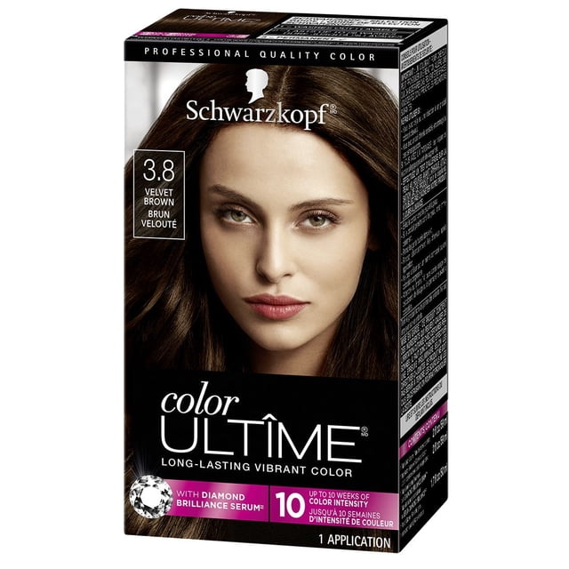 Schwarzkopf Color Ultime Permanent Hair Color Cream in 3.8 Velvet Brown, providing professional quality long-lasting vibrant hair color with diamond brilliance serum for up to 10 weeks of color intensity, one application box.
