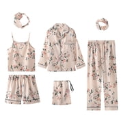 7 Pieces Womens Pajamas Sets Faux Silk Pyjama Womens Pajamas Sleepwear Sets Spring Summer Homewear
