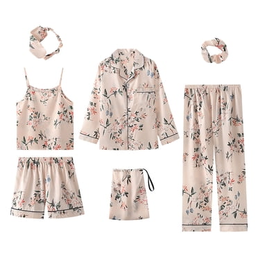 Ensembles de Pyjamas pour Femmes 7 Pcs Pyjama en Faux Soie Pyjamas pour Femmes Ensembles de Vêtements de Nuit Printemps Été Vêtements d'Intérieur