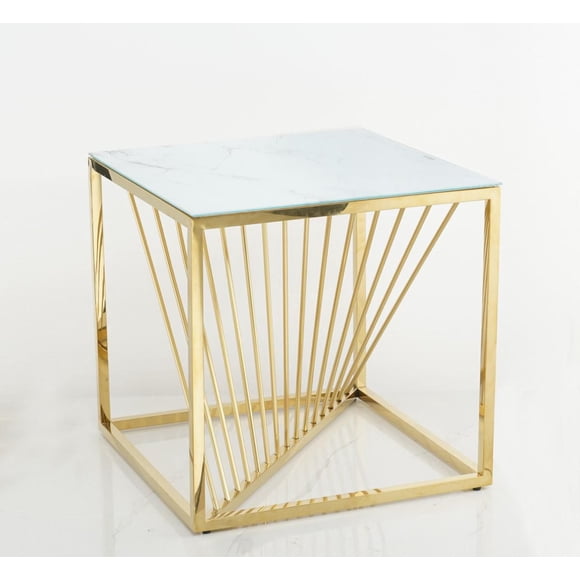 Brassex Kingston Modern Glam Side Table for Living Room and Bedroom with Marble Glass Top and Gold Stainless Steel Base