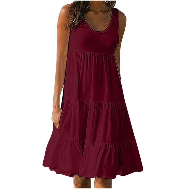zanvin Robe T-Shirt Ample Évasée pour Femme, Décontractée, Col Rond, Sans Manches, Fluide, Unie, Robes d'Été Couleur Bordeaux, Taille TTG. Cette Robe d'Été Coupe Décontractée Présente un design Sans Manches avec une silhouette Fluide à Étages, Idéale pour un Style Décontracté, Détente Ou Vacances. Fabriquée en Tissu Doux et Confortable, Elle Convient à Diverses occasions, Y Compris le Travail, la Maison Ou les Activités de Plein Air.