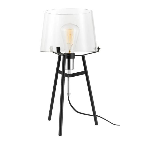 Globe Electric Lancaster 20" table lamp with black metal tripod base, exposed chrome socket, and clear glass shade showcasing a vintage-style bulb, featuring a 5-foot cord and in-line rocker switch for versatile ambient lighting.