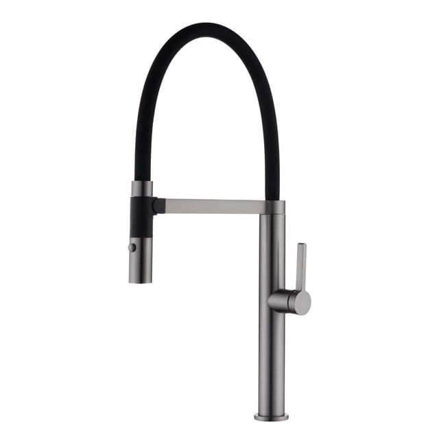 akuaplus® CLARA Robinet de Cuisine Magnétique à 1 Poignée avec Fini en Acier Inoxydable et Bec TPE Noir flexible. Il a un Levier Latéral Unique et une Tête de Pulvérisation Magnétique à Descente avec Fonctions jet et jet Aéré, Convient aux applications de Rénovation de Cuisine et de Robinet à Descente.