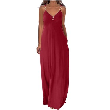 Lovskoo 2024 Robes d'Été pour Femmes Robes Col en V Décontractées Boho Couleur Unie Robe Longue Maxi de Plage avec Poches Bordeaux