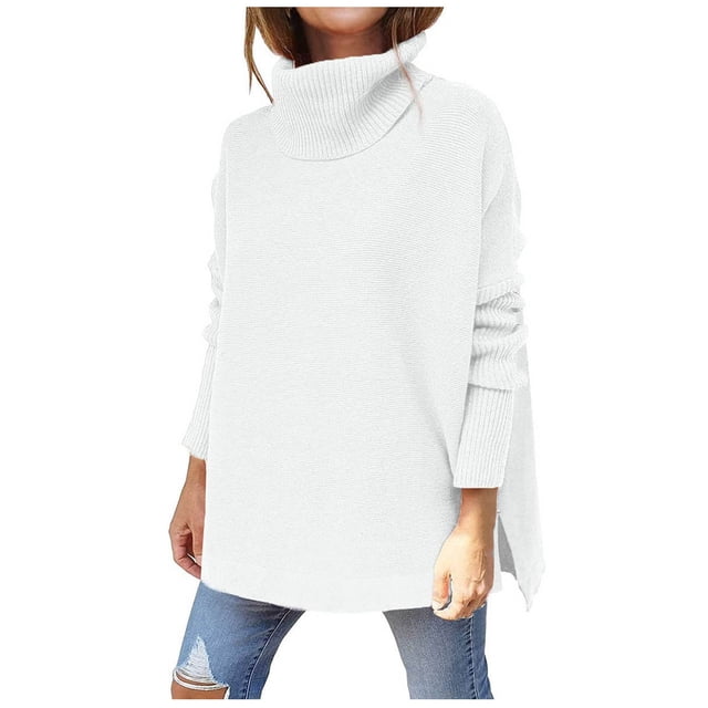 Women Fashion Casual Solid Color Split fork Knitted Sweater Long Sleeve Turtleneck Tops