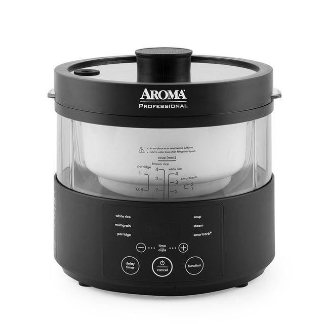 Aroma Rice Cooker: 4 cup, glass body, with SmartCarb | AMC-800. This professional-grade rice cooker features a tempered glass pot for clear visibility and SmartCarb technology to reduce starch by up to 30%. The black base includes an intuitive LED display with multiple cooking modes such as white rice, multigrain, porridge, soup, steam, and SmartCarb. Accessories include a steam basket, rice measuring cup, and serving spatula.