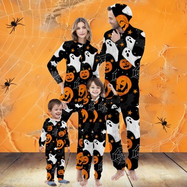 Meichang Matching Halloween Onesie Pajamas Family Holiday Hooded PJs Adult Couples Kids Baby One Piece Sleepwear Funny Pumpkin Ghost Print Loungewear Jumpsuit