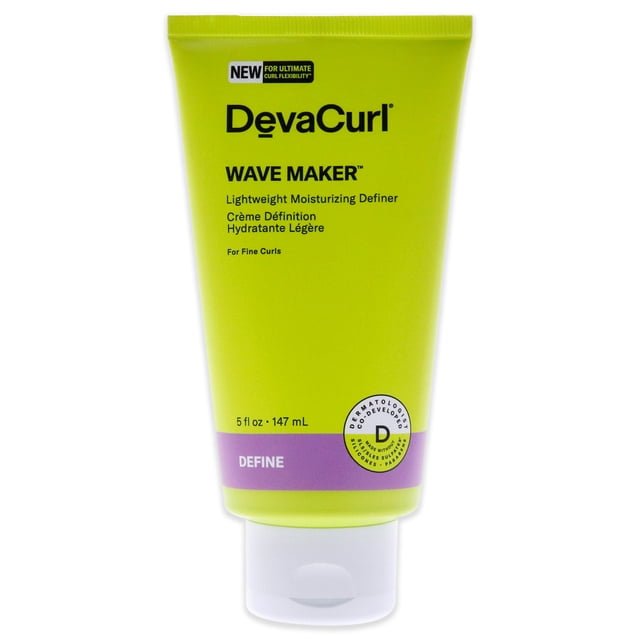 Wave Maker Cream-NP par DevaCurl pour Unisexe - Crème 5 oz. un Définisseur Hydratant Léger Conçu pour les Boucles Fines, Offrant une Silhouette et un Contrôle des Frisottis. le tube Vert Vif Présente le logo DevaCurl, le Nom du Produit et des Détails en Texte Noir et Violet. Testé par des Dermatologues, Sans Gluten, Sans Cruauté et Végane.