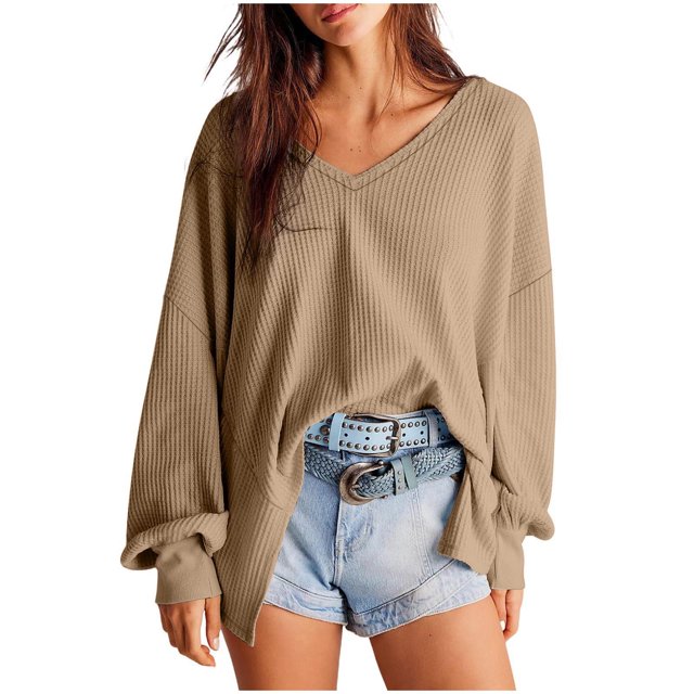 MeetoTime Women's Long Sleeve Tops Fall Casual Textured V-Neck Oversized Pullover Sweatshirt