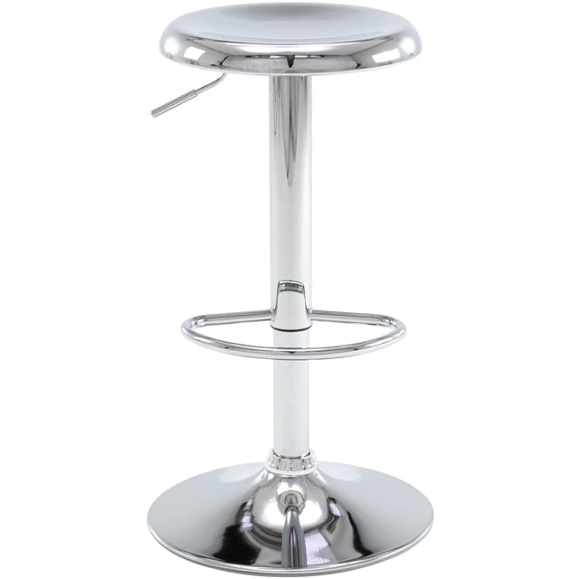 Brage Tabouret de Bar Réglable pour Salon, Tabouret de Bar Pivotant Rond en Métal à Levage Aérien, Chaise de Bar Sans Dossier Hauteur Comptoir pour Cuisine Salle à Manger Pub Café (Chrome) Photo Centrée Orientée vers l'Avant d'Un Tabouret de Bar Sans Dossier en Chrome avec un Siège Rond Biseauté Profilé, Levier de Levage au Gaz visible sous le Siège, Repose-Pieds Monté sur Piédestal, Pivotement à 360° sur un Piédestal en Fonte et base à Grand Rebord avec Patins en Caoutchouc sur un Fond Neutre; Souvent Utilisé comme Siège compact pour