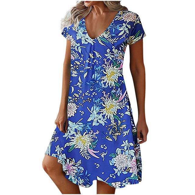 jovati Robe d'Été pour Femmes Aguichant Mode Femmes Décontractée Aguichant à Col en V Imprimée Robe d'Été à Manches Courtes Robe d'Été pour Femmes avec Manches Robe d'Été avec Manches pour Femmes