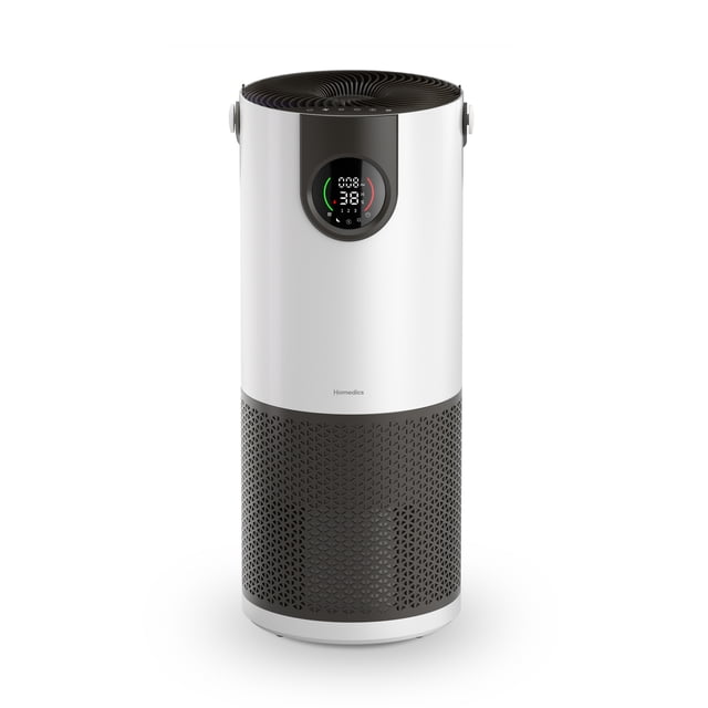 Homedics 2-in-1 Cool Mist Humidifier & Air Purifier – Humidifies & Purifies Air, Digital Air Quality Sensor, Auto Mode, Stylish Tower Design, ideal for medium-large rooms; white slim tower with front digital display and colour-coded air quality ring, top mist outlet, includes filter, wick and remote, purifies ~86 sq. ft. 4.8×/hr or 416 sq. ft. 1×/hr; often used to add humidity for houseplants.