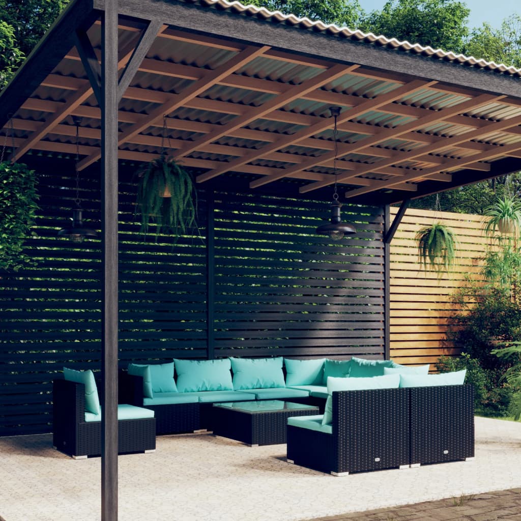 vidaXL 10 Piece Garden Lounge Set with Cushions Poly Rattan Black
