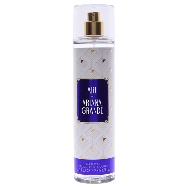 Ari by Ariana Grande for Women - 8 oz Body Mist, a floral fruity gourmand fragrance introduced in 2015. The bottle showcases a geometric design with a purple label and gold accents, holding 236 ml of body mist.