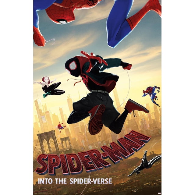Marvel MCU - Spider-Man - Into The Spider-Verse - Affiche Murale de Plongée, 22,375 Pouces x 34 Pouces Mettant en Vedette Plusieurs Personnages de Spider-Man Se Balançant Dynamiquement au-Dessus d'Une skyline de Ville au Coucher du Soleil avec le Pont de Brooklyn, Texte de logo Spider-Man Rouge et Noir Audacieux, Imprimé sur une Finition Satinée de Qualité Supérieure par Trends International, Convient à la Décoration Murale de Chambre, Bureau Ou Dortoir.