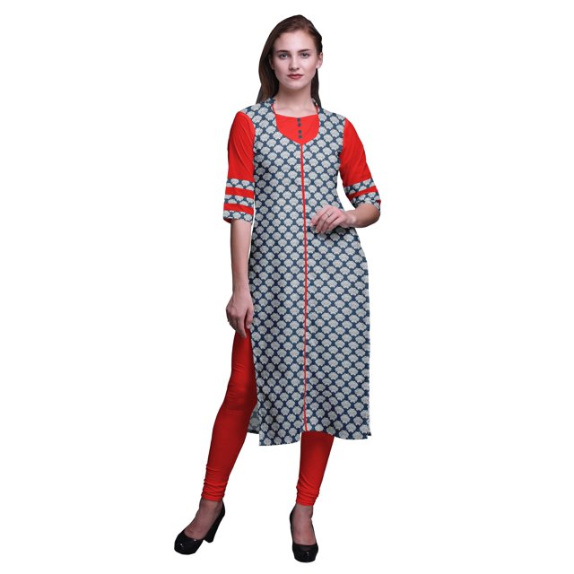 Bimba Kurti Longue Droite pour Femmes Imprimée Indienne en Rayonne Slub Tunique à Manches 3/4