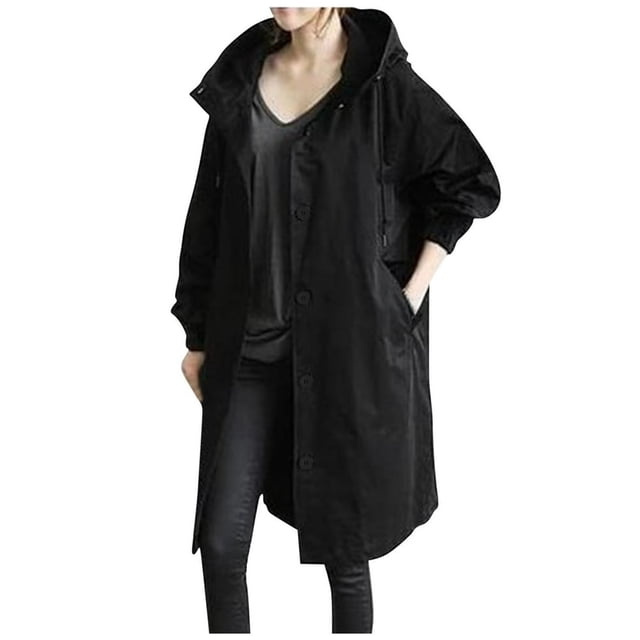 Women‘s Plus Size Solid Color Button Pocket Recreational Hooded Long Sleeve Windbreaker Coat Tops