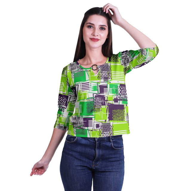 Moomaya Printed Keyhole Neck Ring Top Casual 3/4th Sleeve Tees Tank Tunic Top