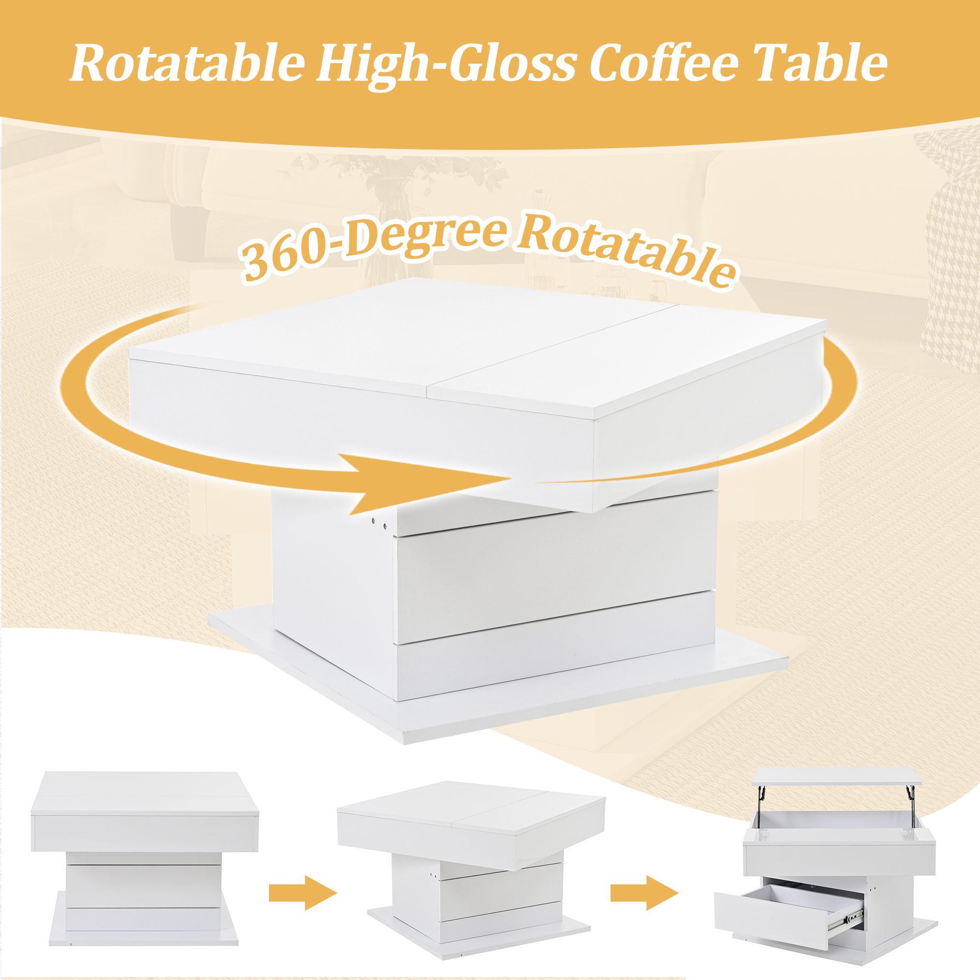 Homy Casa 27.5-Inch Square Lift-Top Coffee Table, 360° Rotating High-Gloss Top, Hidden Storage and Drawer, White and Natural Wood