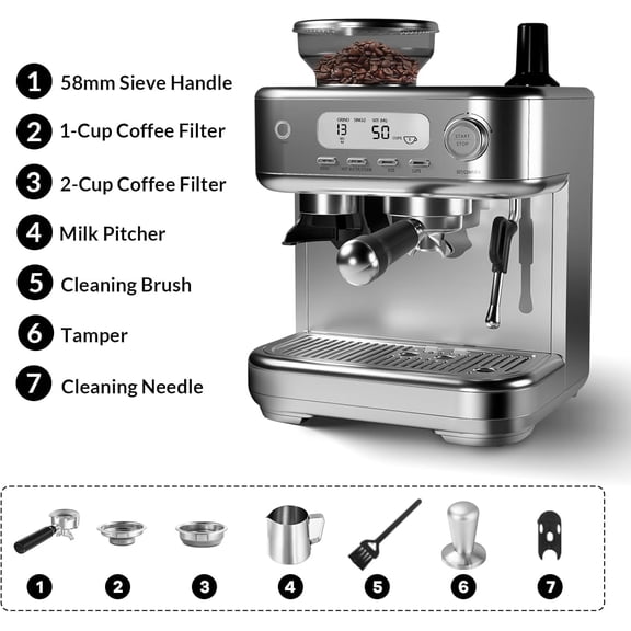 Kojooin Machine à Espresso 15 Bars, Cafetière à Écran LCD avec Broyeur, Mousseur à Lait et Contrôle de Température PID, Trémie de 8,8 Oz