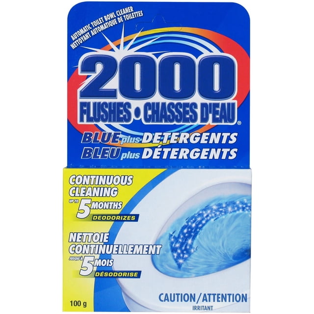 2000 Flushes Blue + Detergent toilet tank tablet retail pack that releases blue water and pine oil fragrance to deodorize; continuous-cleaning detergent tablet helps remove stains and freshen the bowl for up to 5 months when placed in the right rear corner of the tank.