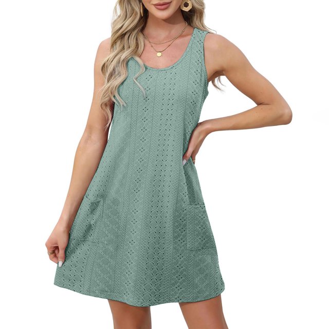 Ovzne Robes pour Femmes Robe Mode Femmes Été Poche Décontractée Unie Col Rond Sans Manches Robe Mini Grande Taille Robe Liquidation