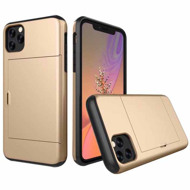 iPhone11 ProMax Case Hybrid Rugged Hard Back Cover with ID Credit Card Slot Holder Wallet Case for Apple iPhone11 ProMax - Gold