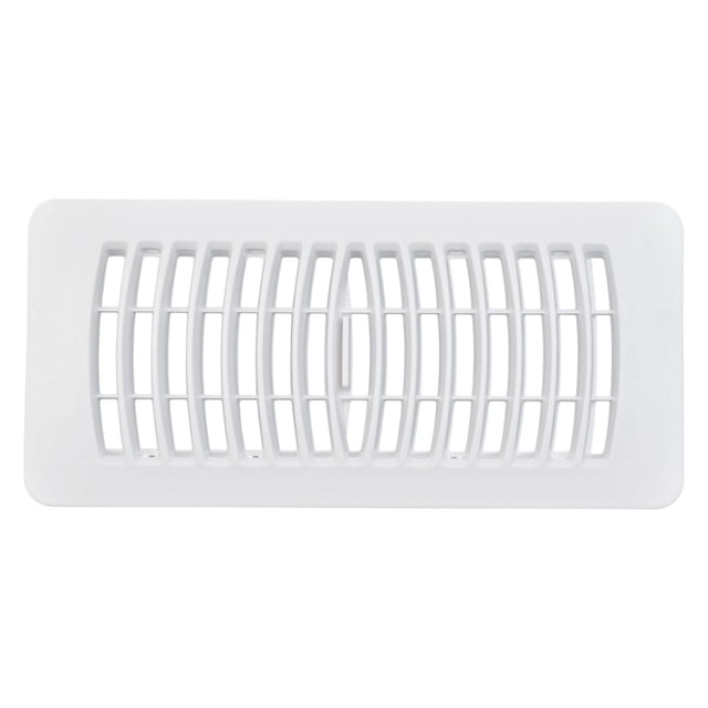 Imperial 4" x 10" White Louvered Polystyrene Floor Register, 1-pk front-facing view of a white 4 x 10 in louvered floor register made from high-impact polystyrene, showing adjustable three-position damper and louvers; rust-proof, scratch-resistant, dishwasher-safe, knockouts at each end; often used to replace standard HVAC floor vents or as a lightweight cover for in-floor cable access.