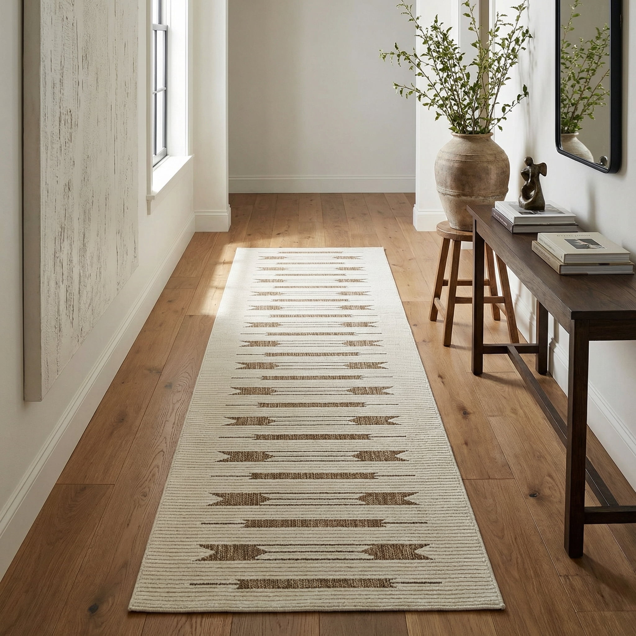 Tapis d'interieur exterieur abstrait Rug Branch Maise, beige marron, moderne - Entree, couloir