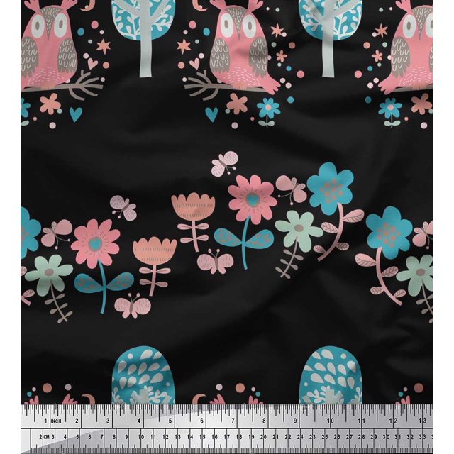 Soimoi Rayon Crepe Fabric Floral,Tree & Owl Kids Printed Fabric 1 Yard 46 Inch Wide