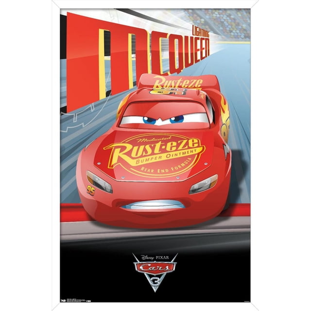 Disney Pixar Cars 3 - Lightning Wall Poster, 22.375" x 34" Framed showing a front-facing Lightning McQueen with red paint, yellow Rust-eze bumper ointment logo on the hood, number 95 on the side, and blue eyes, racing on a blurred track with large red and yellow 'McQueen' text in the background. Ideal for decorating kids' rooms or themed parties.