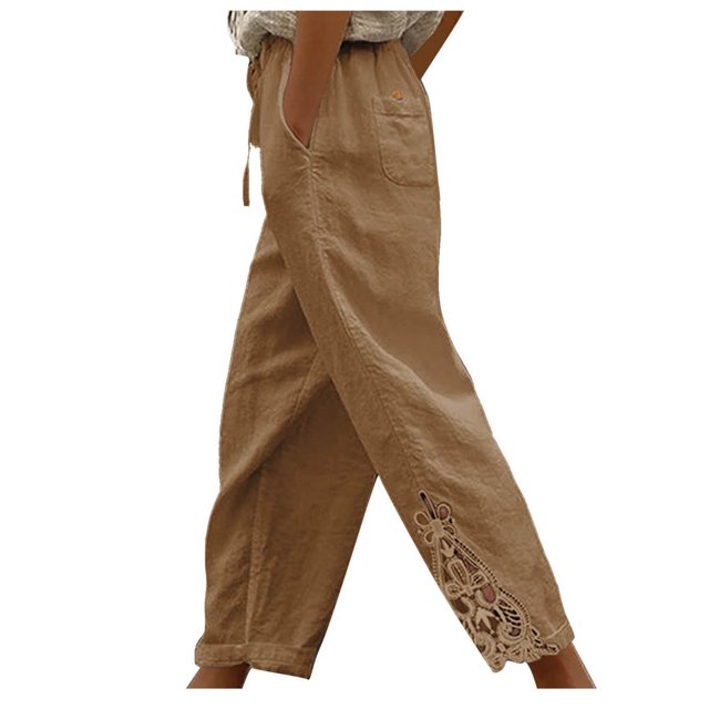 JUNWELL Women‘s Cotton Linen Lace Patchwork Design High Waist Drawstring Pocket Button Nine-Point Pants Long Pants Black 4