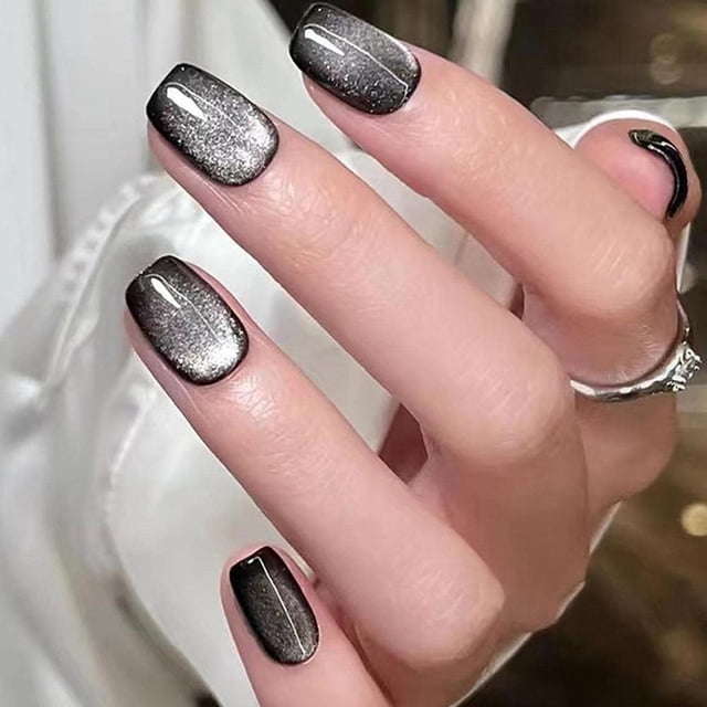 24-Piece Cat Eye False Nails Set Reusable Press-On with Elegant Shimmer Design