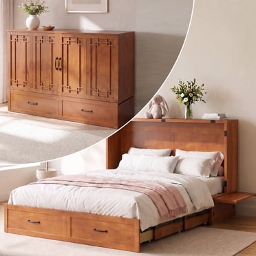 MJKONE Grand Lit Murphy Bed,Murphy Bed avec Ports de Recharge USB/AC, Lit Armoire avec Tiroirs de Rangement, Armoire de Lit en Bois Massif à Tiroir avec Matelas pour Salon/chambre/appartement, Cerisier