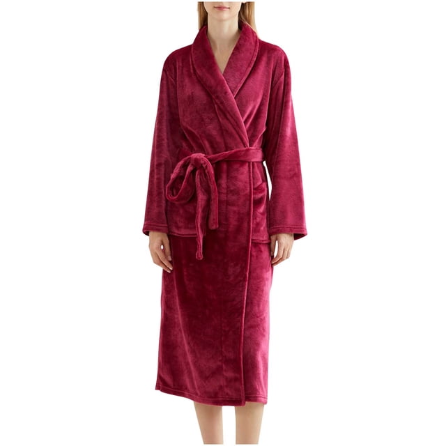 Womens Soft Warm Robe, Fleece Thick Long Sleeve Bathrobe, Unisex Fall Winter Flannel Pajamas Robes with Pockets L