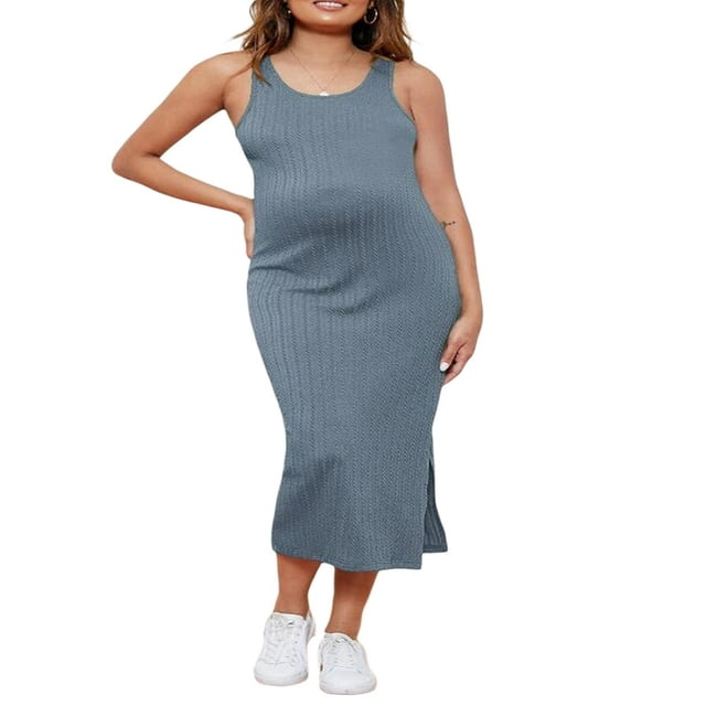EIMELI Robe pour Femme Enceinte Couleur Unie Sans Manches Robe en Tricot Col Ras du Cou Ajustée Robe Midi Débardeur Robe d'Été Décontractée Robe de Maternité