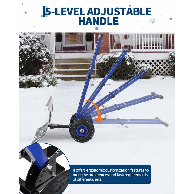 Pelle à Neige Roulante avec Roues – Lame Métallique Robuste 29x16,5 Pouces – Poignée Ergonomique à Angle et Hauteur Réglables – pour Entrée, Trottoir et Trottoir – Lame Noire + Poignée Bleue et Moyeux