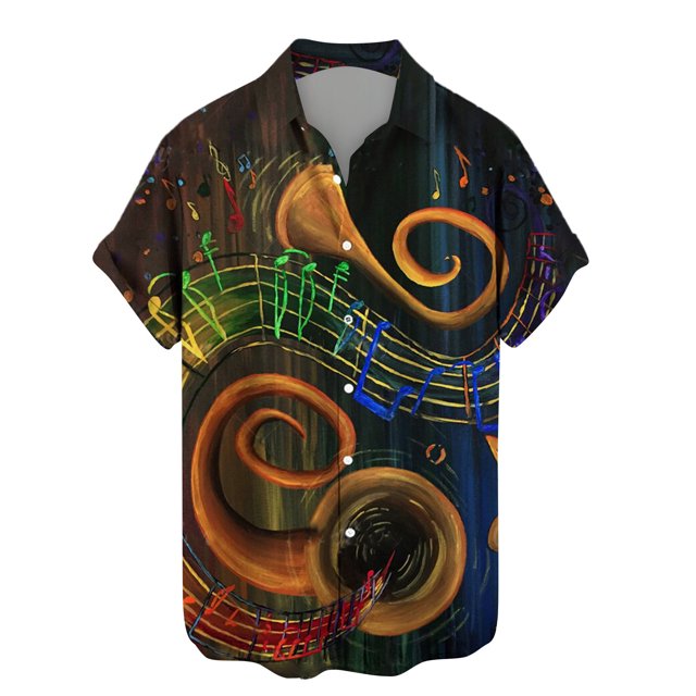 Men's Button Shirt 2024 Summer Fashion Casual Personality Musical Instrument Digital Short Sleeve-SinKeeU