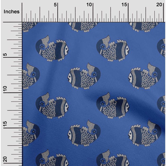 oneOone Organic Cotton Poplin Twill Fabric Fish Block Printed Craft Fabric BTY 42 Inch Wide