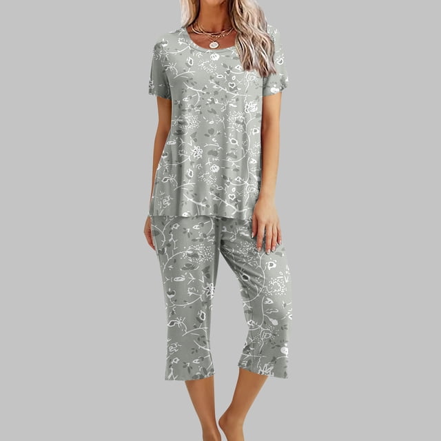 Fankiway Ensemble de Pyjama pour Femmes à Imprimé, Col Rond, Manches Courtes, Chemise de Nuit et Pantalon, Tenue d'Intérieur avec Poches, Ensemble pour Femmes, Tenues d'Été, Tenues d'Été pour Femmes, 3217 Pcs