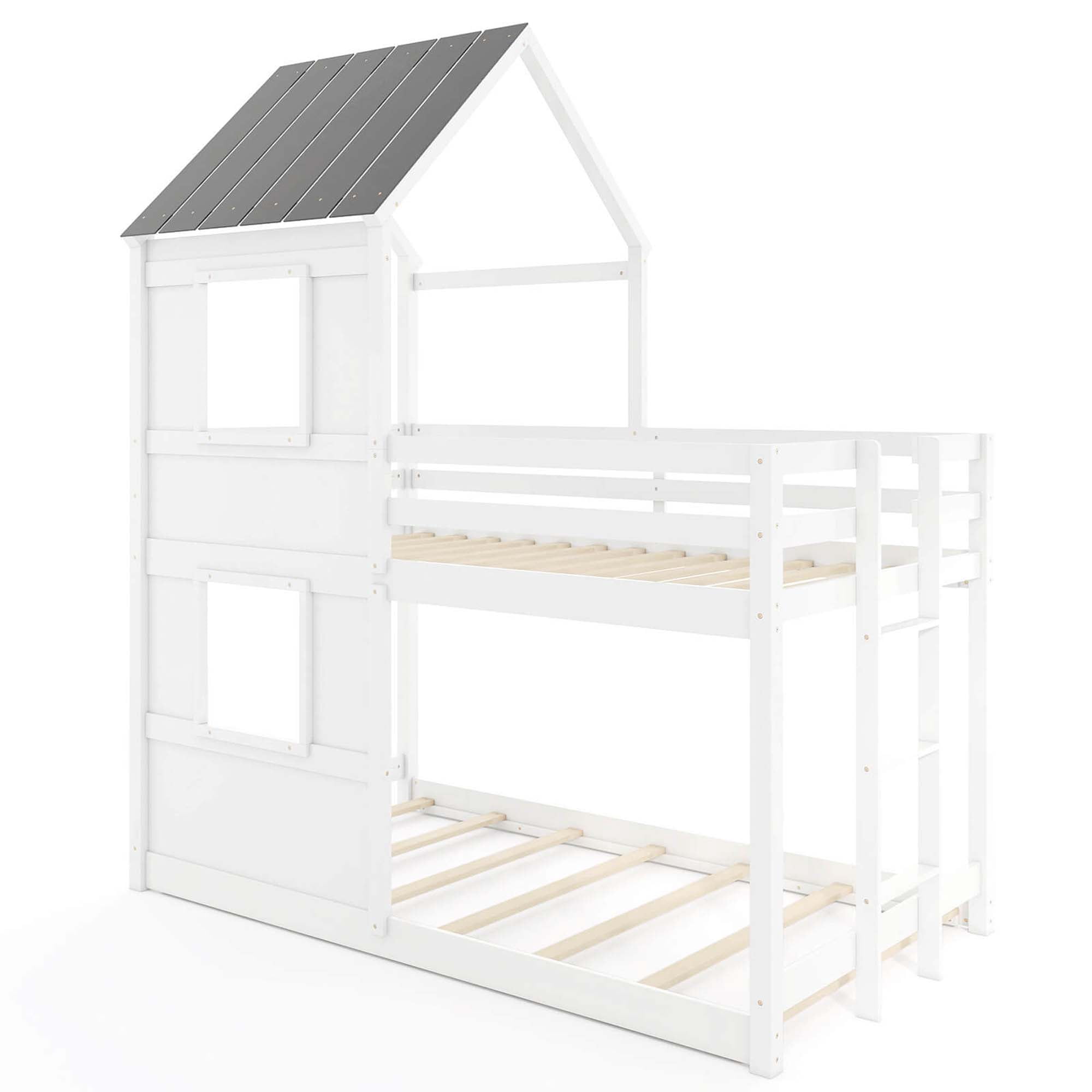 Costway Lit Superposé Style Maison Simple sur Simple avec Échelle Intégrée, Fenêtre et Garde-Corps de Sécurité