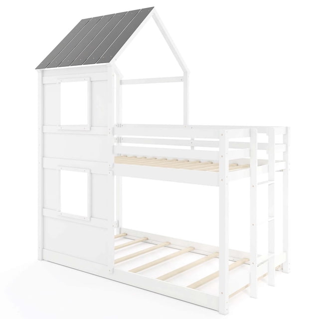 Costway Lit Superposé Style Maison Simple sur Simple avec Échelle Intégrée, Fenêtre et Garde-Corps de Sécurité